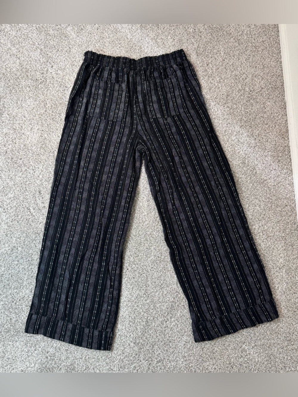 Linen Blend Boho Palazzo Pants Wide Leg Striped Flowy Trousers M (8-10) Black - Picture 10 of 12